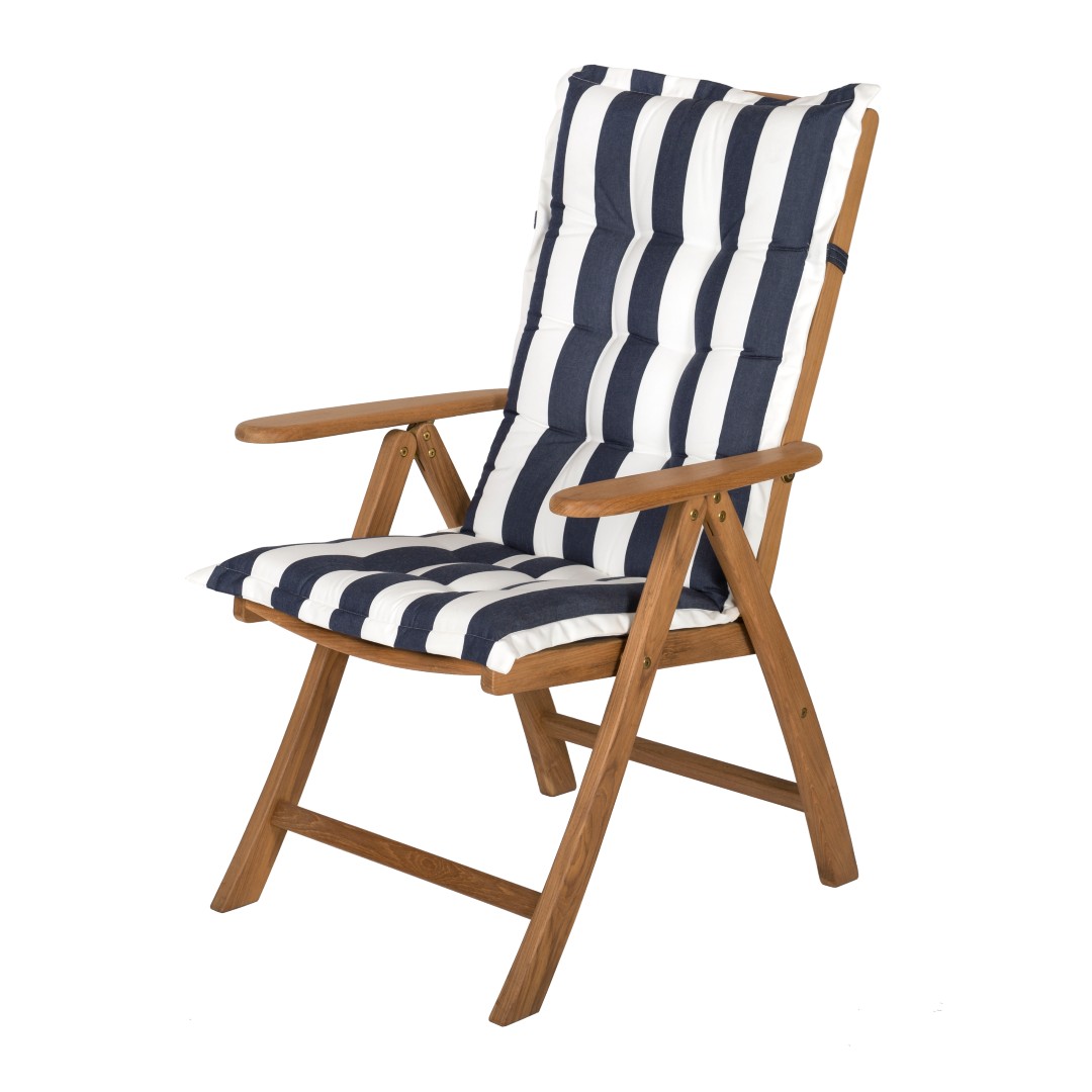 Solid-Teak-Reclining-Armchair-with-Navy-White-Cushions-1